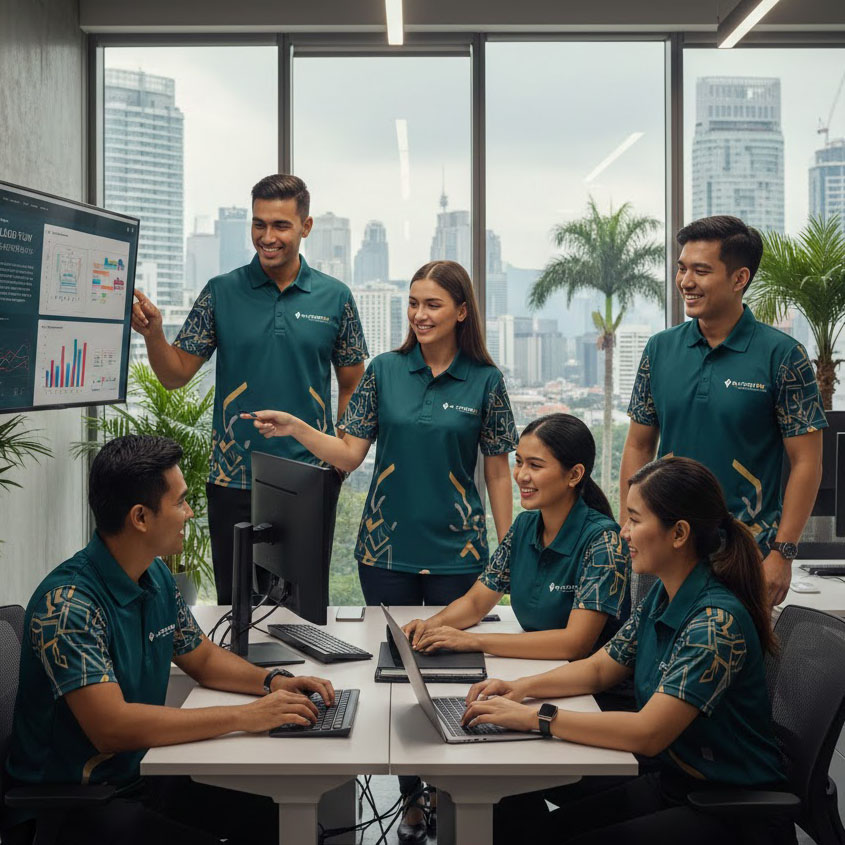Diverse team of Malaysian professionals in custom-branded uniforms in modern office setting