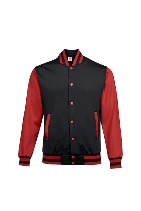 Black and White Varsity Jacket UVJ05 front view with premium finish and contrast sleeves