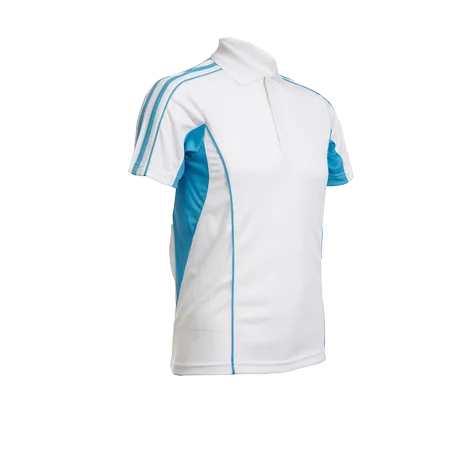 White/Sea Blue Quick Dry Polo Shirt QD33 flat lay with cut and sew colour block design