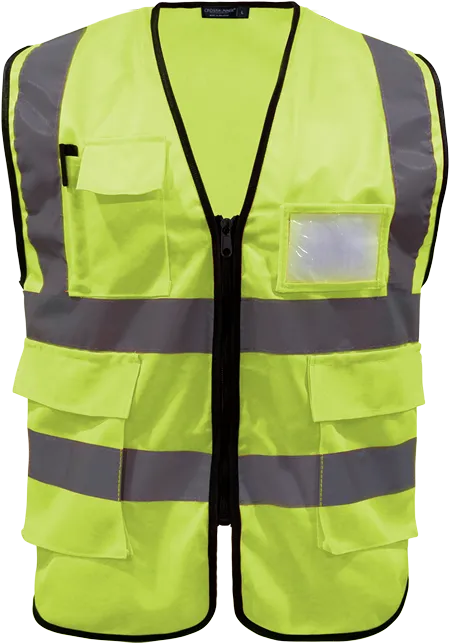 Neon Green Reflective Safety Vest With Pocket CRSV3100 flat lay with front pocket and reflective tape